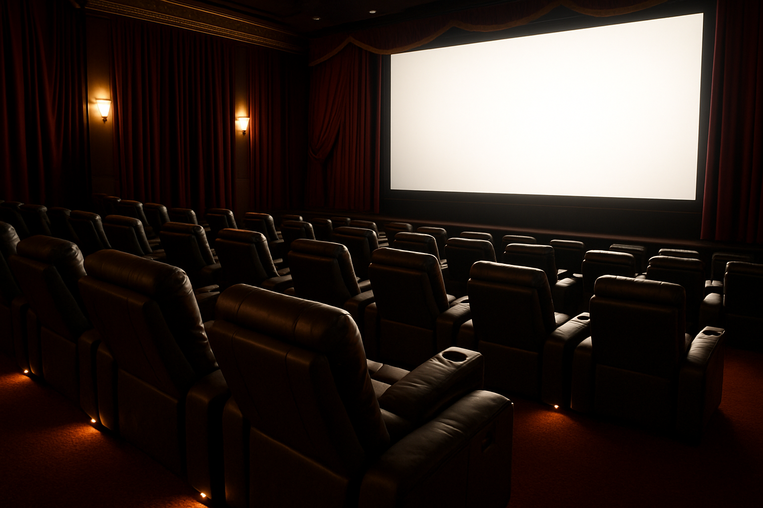 Dramatic cinematic scene inside a modern movie theater with premium seating