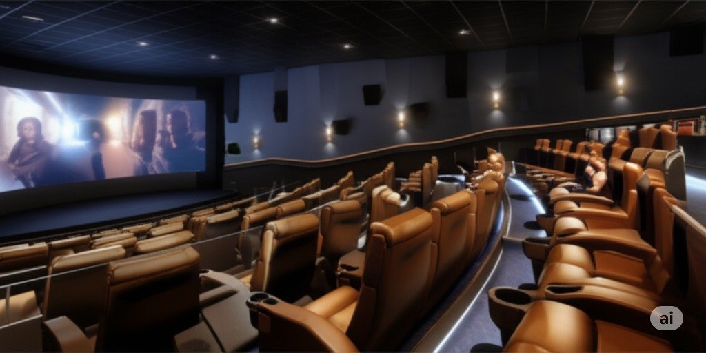 Interior of a modern cinema auditorium with large screen and ambient lighting