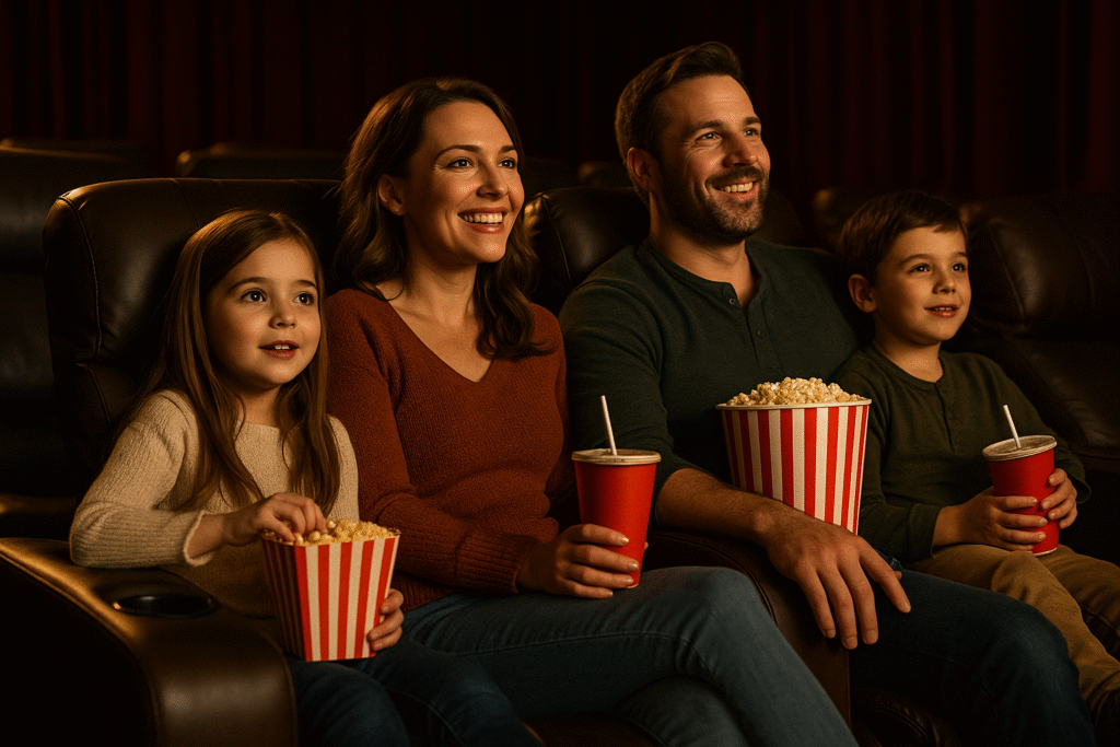 Family enjoying a movie in comfortable reclining seats at a cinema