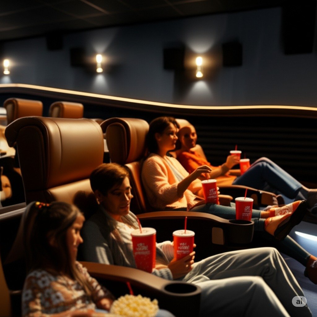 Another view of a family enjoying reclining seats in a movie cinema