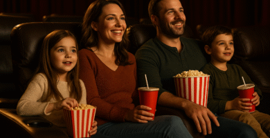 Family enjoying a movie in comfortable reclining seats at a cinema